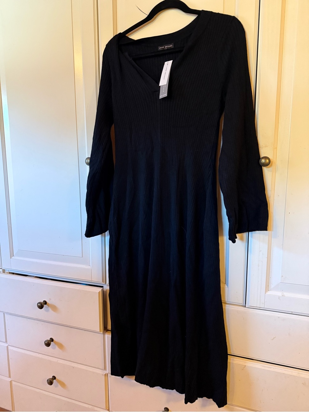 Lane Bryant Black Ribbed Long-Sleeve V-Neck Dress